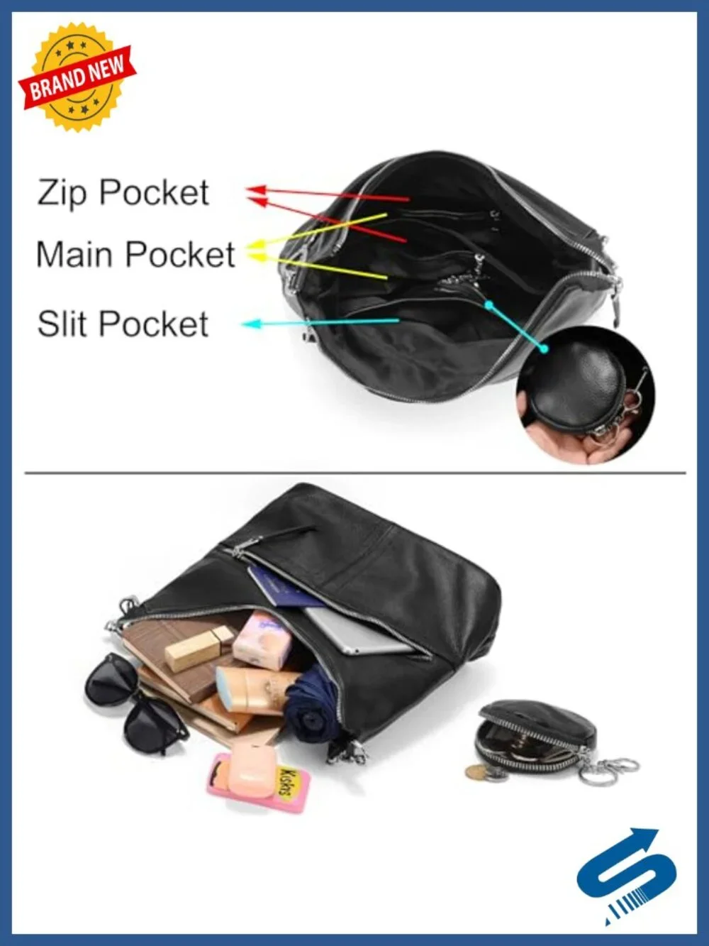 Genuine Leather Hobo Bag with Crossbody Strap and Coin Purse
